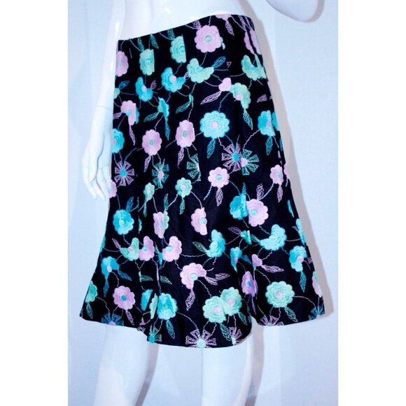 $280 NANETTE LEPORE Floral EMBROIDERED Flared SKIRT Cotton ( 4 )
